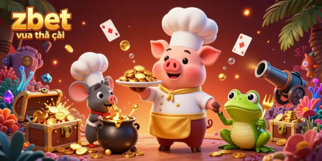 Experience zbet vua nhà cái with a vibrant 3D scene featuring a chef pig and a luxurious casino atmosphere filled with gold.