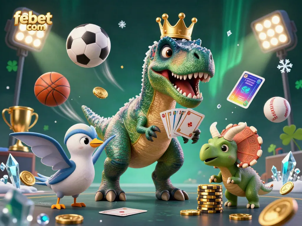 Engaging scene with T-Rex shuffling cards and a baby triceratops stacking chips, featuring febet com branding.