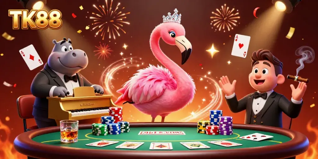 Experience the lively atmosphere of TK88 with vibrant colors and dynamic casino elements in a stunning 3D scene.