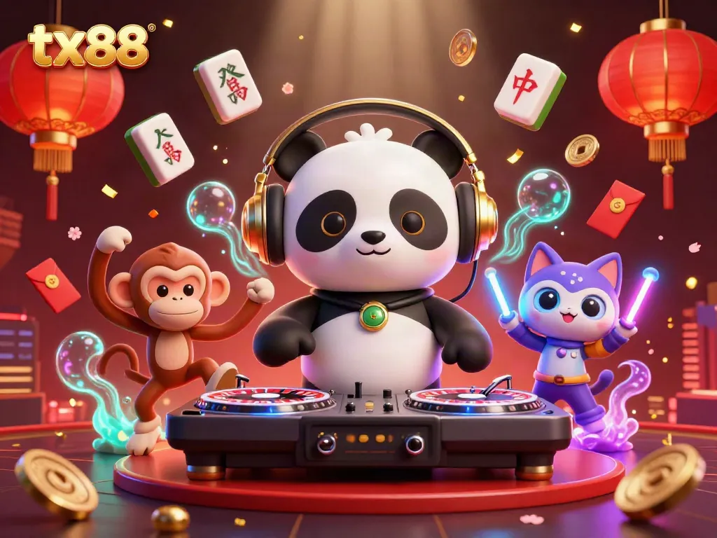 Engage with tx88 by joining a lively casino scene, featuring gaming characters and vibrant decor.