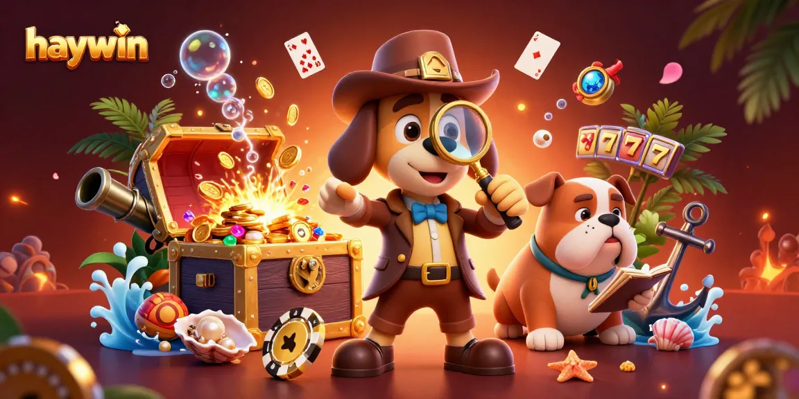Haywin features a cartoon detective uncovering poker chip clues among vibrant casino treasures.