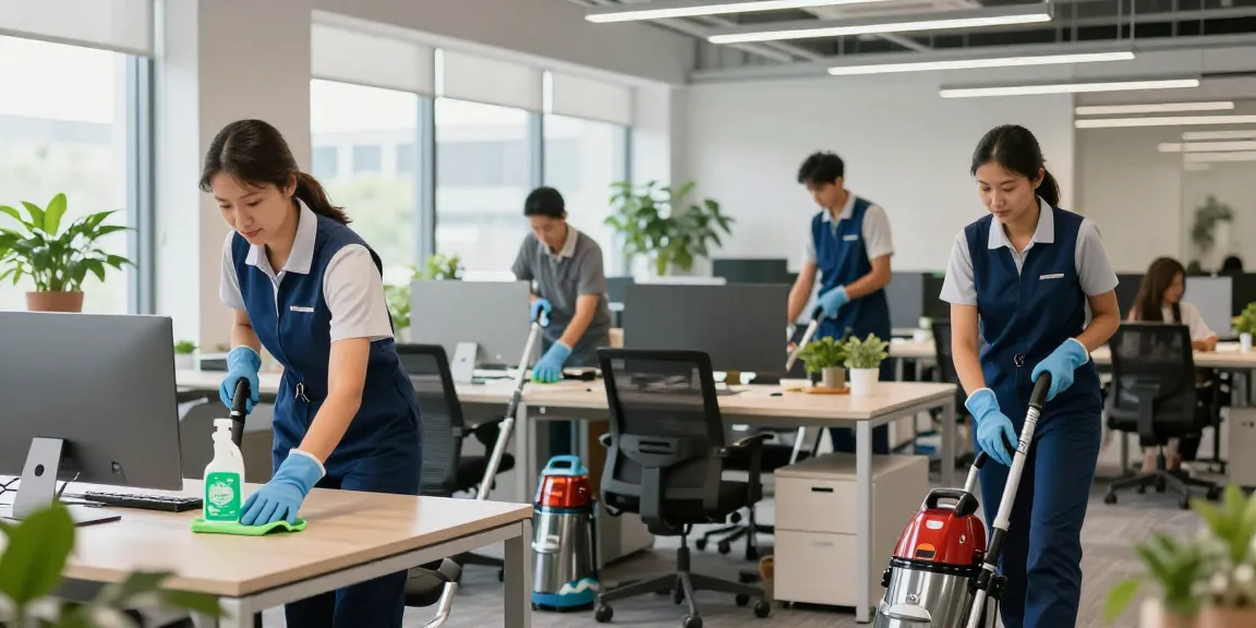 Professionelle Unterhaltsreinigung Hannover in modernem Büro mit engagiertem Reinigungsteam und umweltfreundlichen Reinigungsmitteln