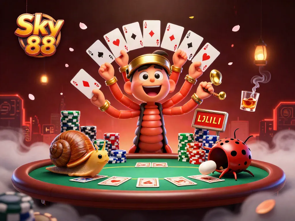 Experience the excitement at Sky 88 with a dynamic 3D scene featuring energetic casino characters and vibrant gaming elements.