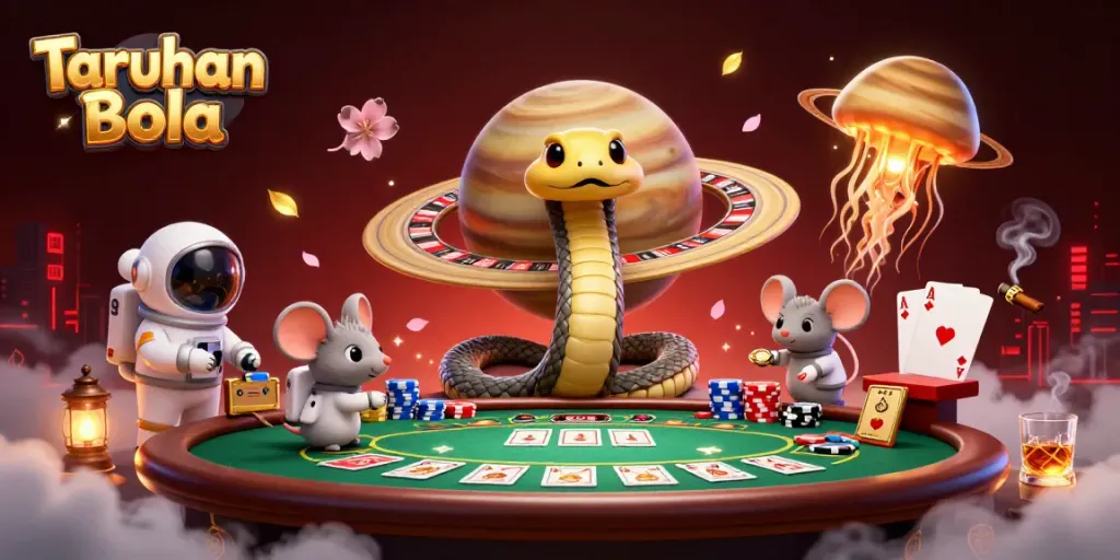 Experience Taruhan Bola with astronaut mice betting on a cosmic roulette wheel in this vibrant illustration.