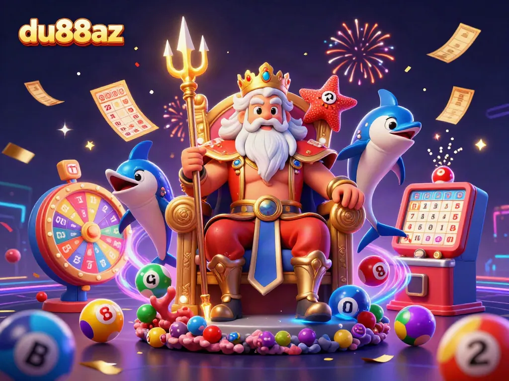 Engage in thrilling play with du88az's cartoon sea king Neptune amidst vibrant gaming elements.