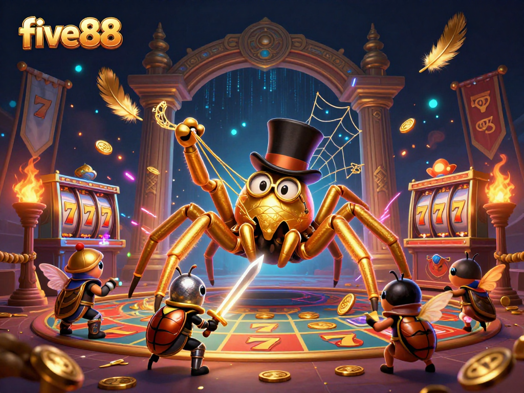Engage with five88's rich casino atmosphere featuring vibrant characters and dynamic slot elements.