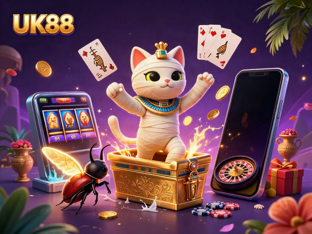 UK88 casino-themed illustration featuring a mummy cat and scarab in a dynamic slot game scene bursting with energy.