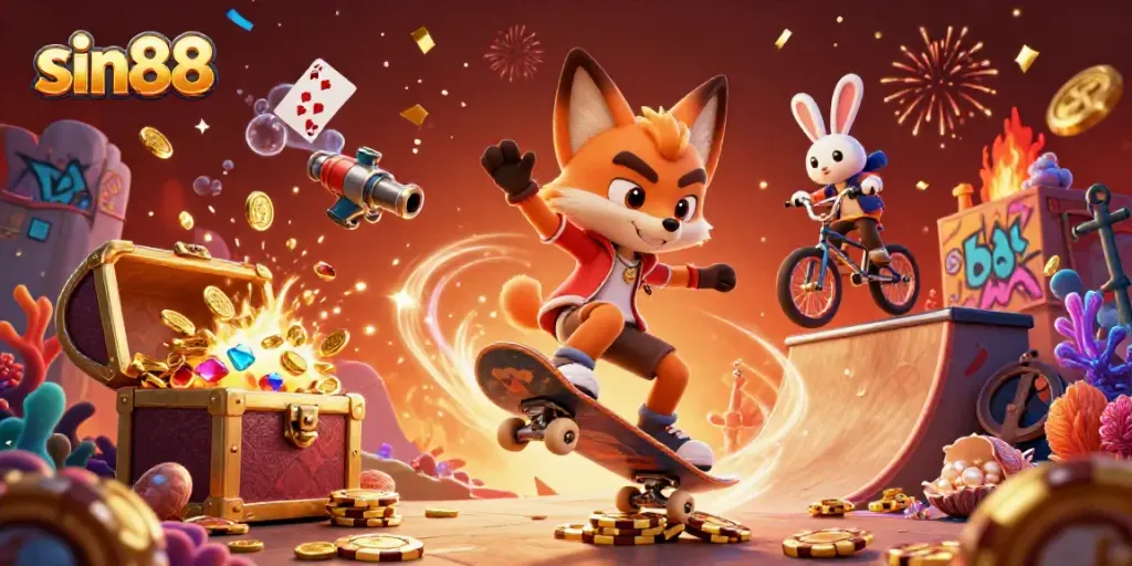 Experience the thrill of sin88 with a dynamic 3D illustration showcasing a skateboarding fox and a BMX-riding rabbit in a vibrant casino scene.