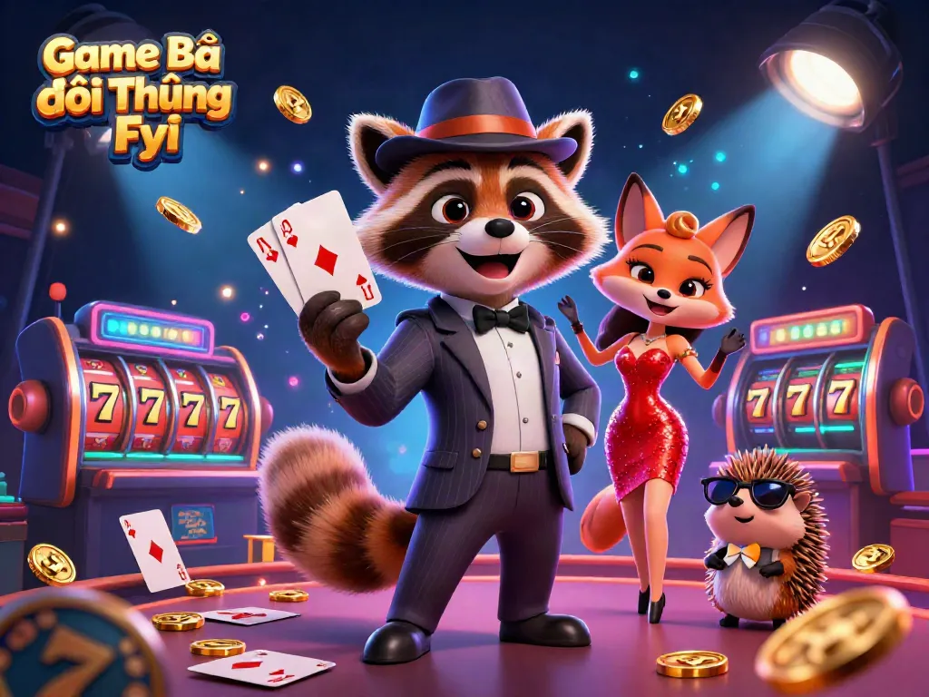 Experience thrilling wins with Game Bài Đổi Thưởng Fyi, featuring a raccoon and fox in a vibrant casino.