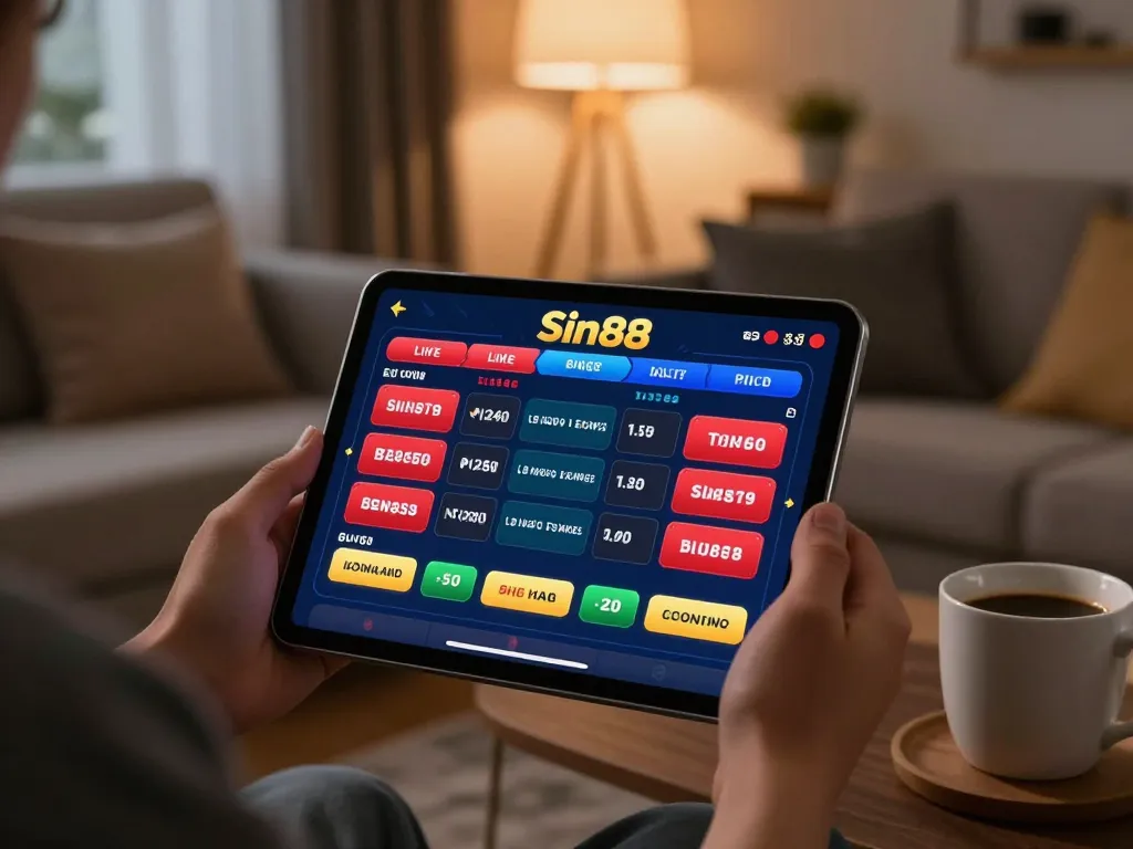 Engaged user exploring Sin88 online betting options on a tablet in a cozy home setting