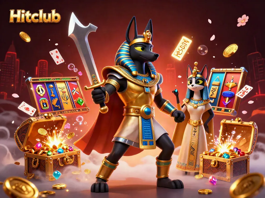 Experience excitement at Hitclub with Egyptian deities and casino treasures in a vibrant atmosphere.