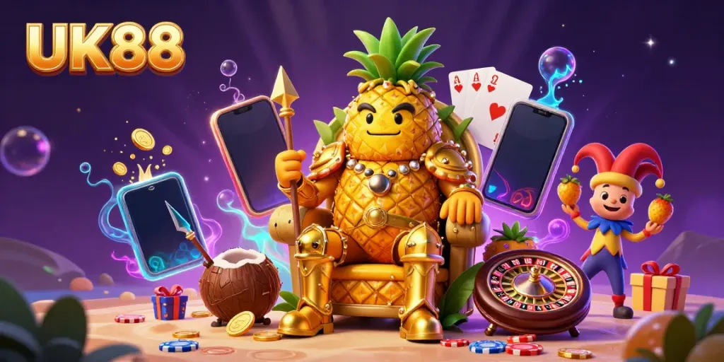Experience the thrilling casino adventures with UK88 through a fantastical 3D illustration featuring a golden pineapple king and lively characters.