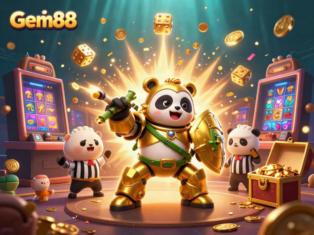 Experience excitement with Gem88's vibrant jackpot scene featuring a golden panda and dynamic casino elements.
