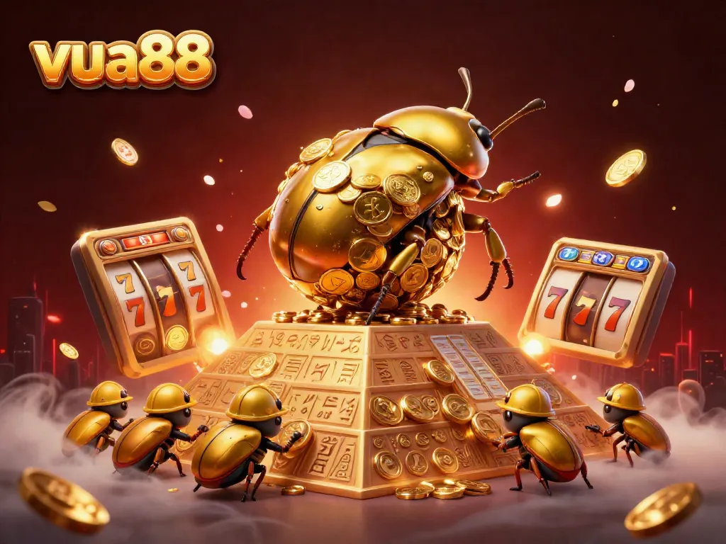 Experience the excitement of vua88 with a golden beetle rolling coins in a vibrant casino setting.