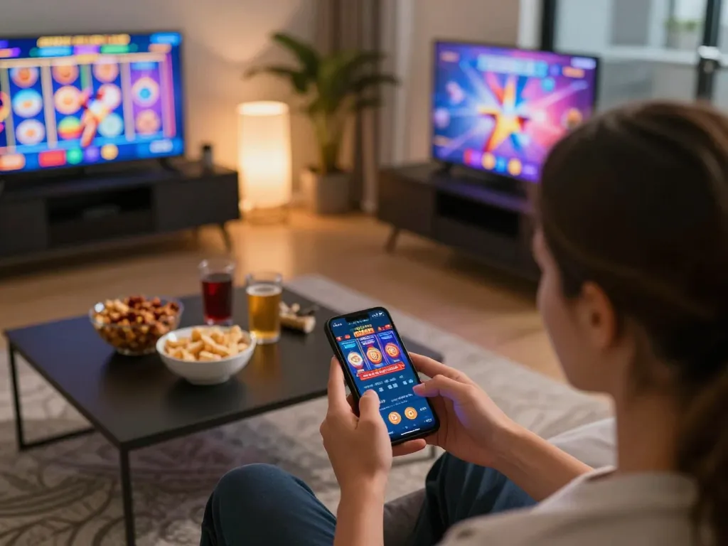 Engaged player using ALO8 app for online slot gaming on smartphone in cozy home setting