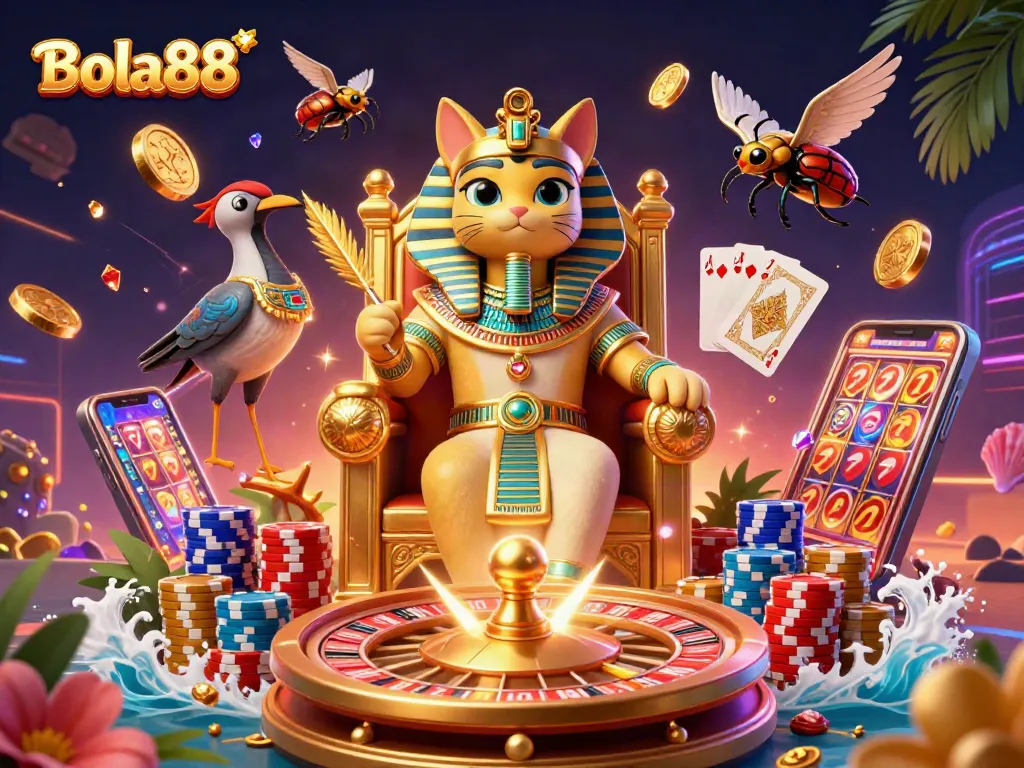 Bola88 offers a vibrant online casino experience with an Egyptian-themed illustration featuring classic gaming elements.