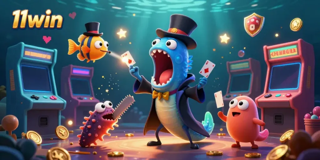 Experience the thrilling 11win casino with a magical underwater scene featuring card tricks and vibrant game elements.