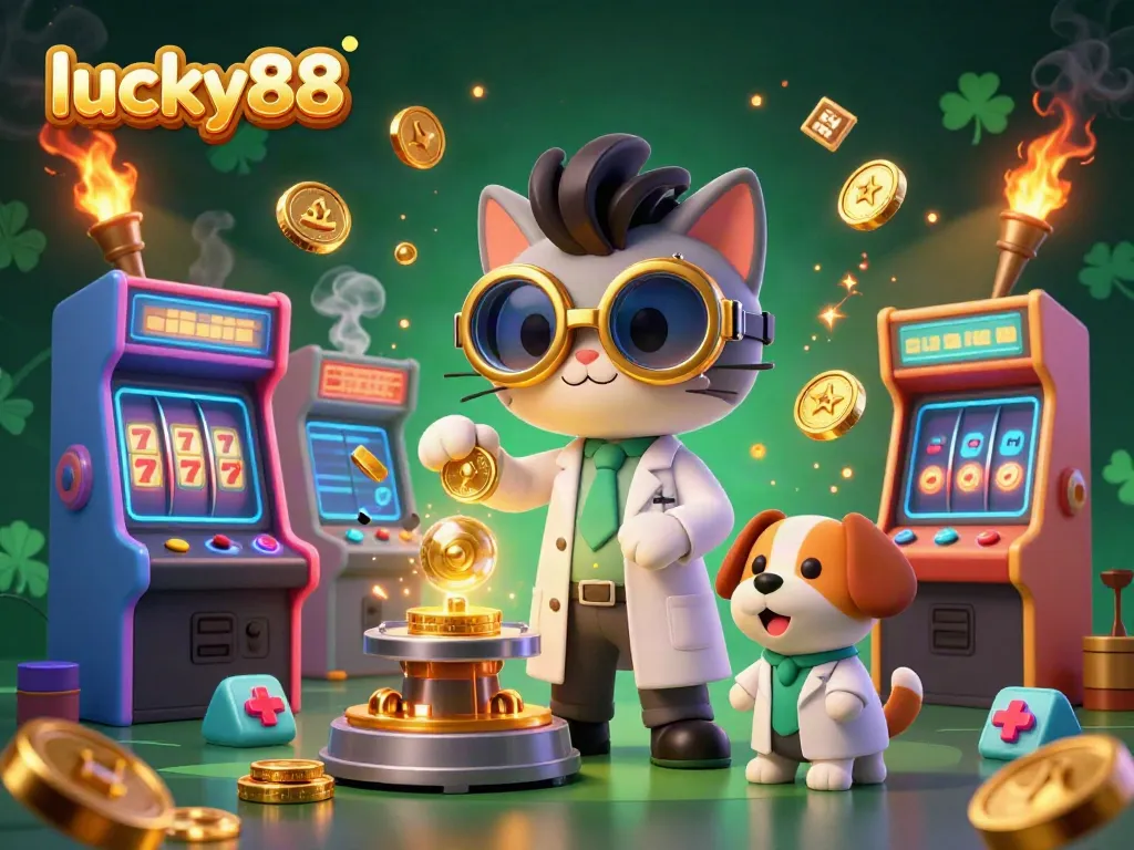 Spin winning slots with Lucky88's thrilling casino adventure featuring mad scientist cat and assistant.