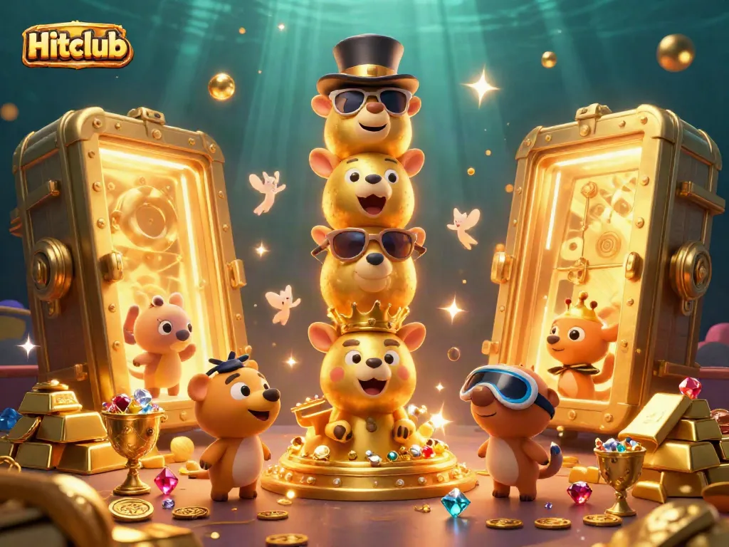 Experience the thrill of Hitclub's online gaming with a vibrant, animated atmosphere filled with golden treasures.