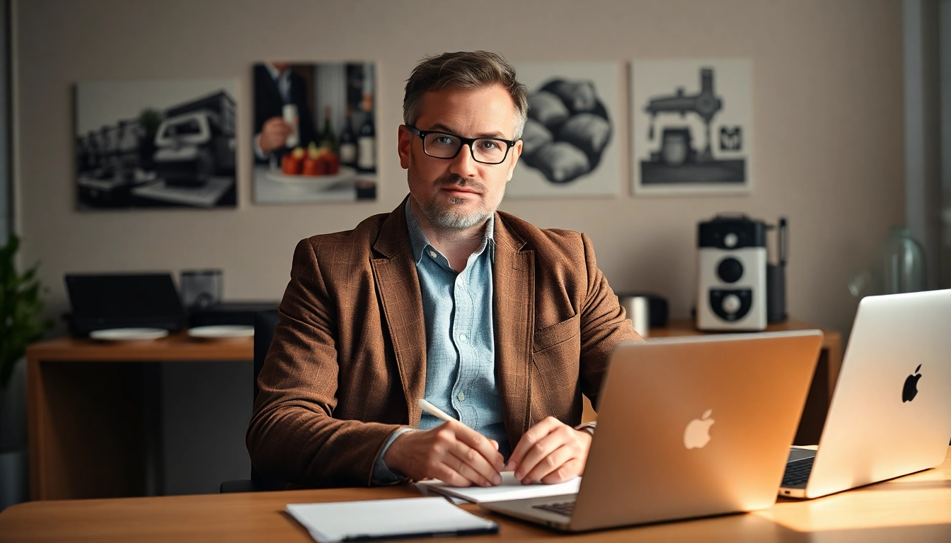 Headhunter Gastronomie arbeitet professionell im Büro, umgeben von Notizen und Gastronomie-Motiven.