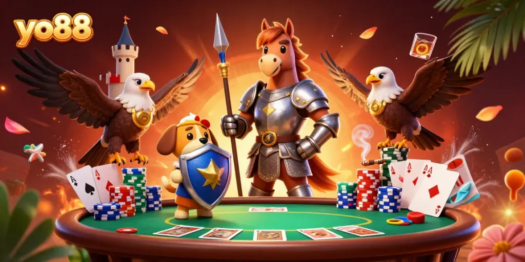 Experience thrilling action at yo88, where medieval knights meet modern poker in a vibrant casino scene.