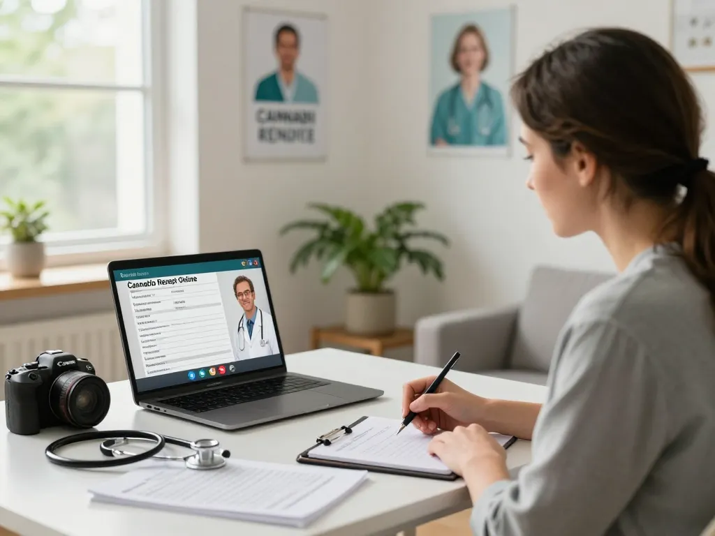 Konsultation für ein Cannabis Rezept Online bestellen in einem modernen Telemedizin-Setup mit einem Patienten und einem Arzt, die online diskutieren.