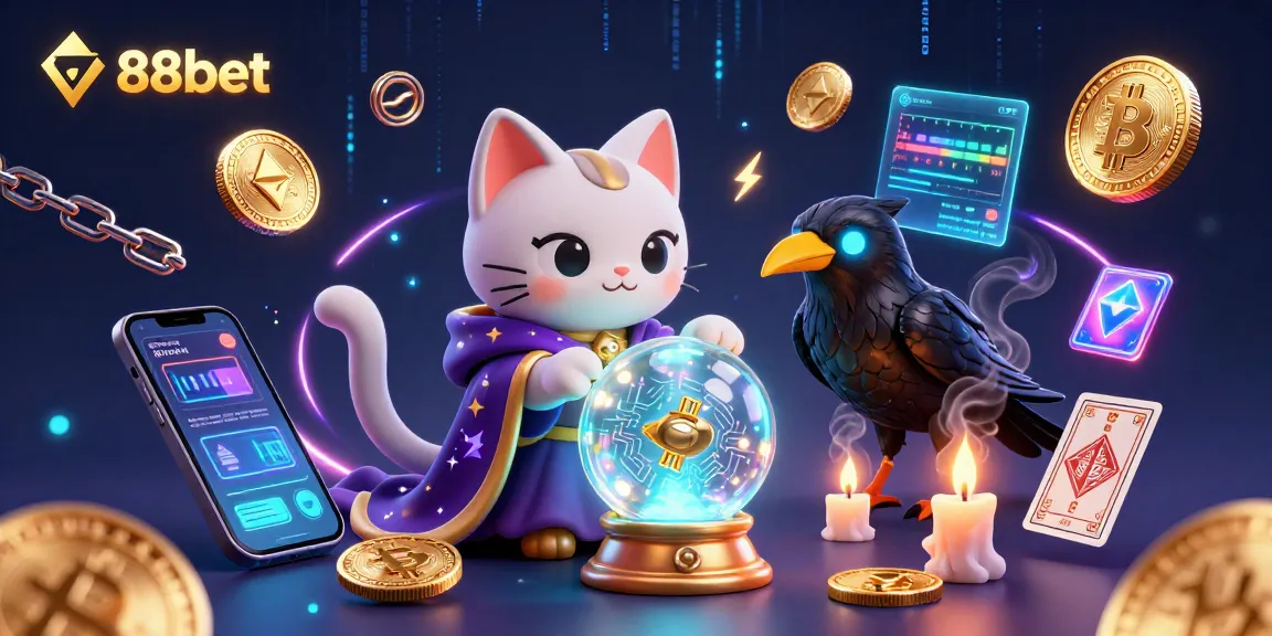 Bet on crypto games with 88bet, featuring a mystical cat and a tarot raven in a vibrant casino scene.