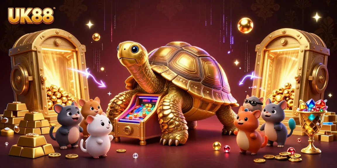 Play thrilling games with UK88 surrounded by a colossal golden tortoise pinball machine and treasures.