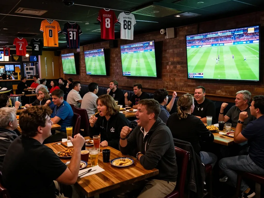 Fans cheering during a live football match, engaging in sports betting excitement on multiple screens with cheers and celebrations.