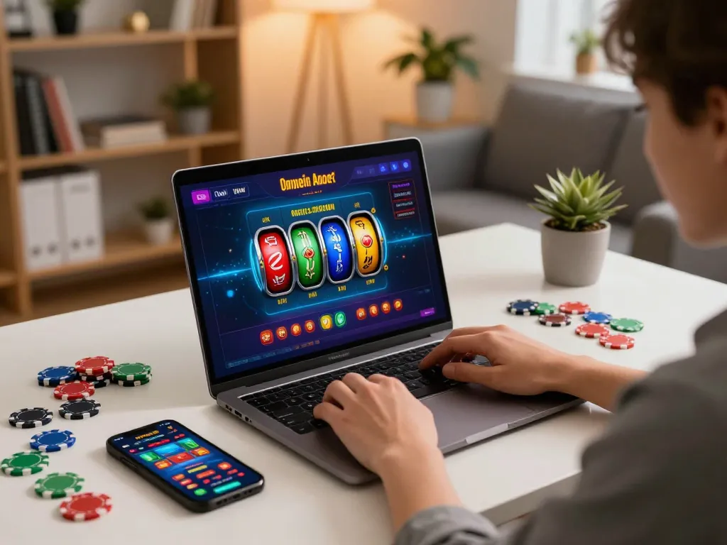 Engaging with sunwin online casino gaming at a stylish home setup, showcasing a laptop with colorful reels and chips.
