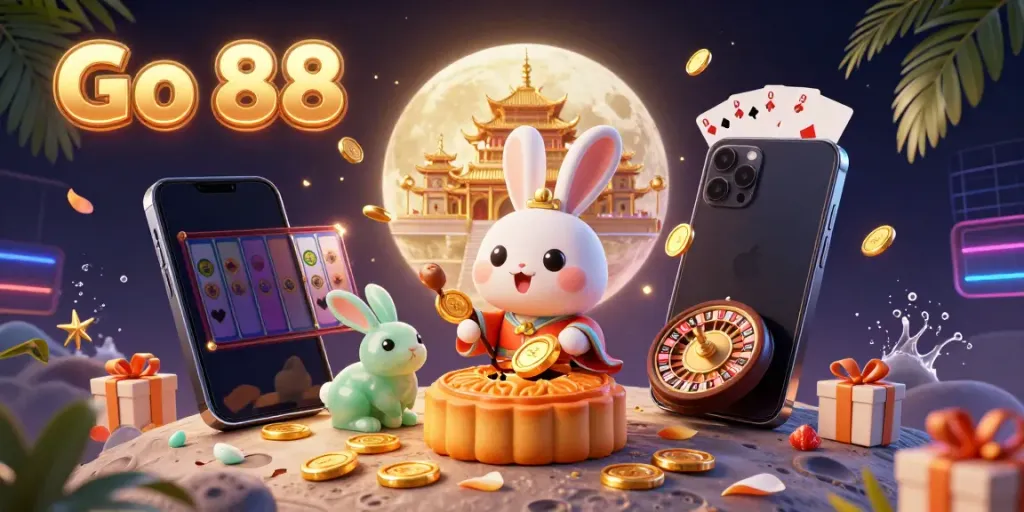 Celebrate with Go 88 as the moon rabbit reveals poker chips from mooncakes in a vibrant casino scene