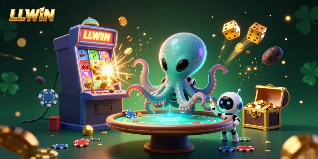 Experience thrilling gaming moments at LLWIN with an alien octopus and robot playing poker.