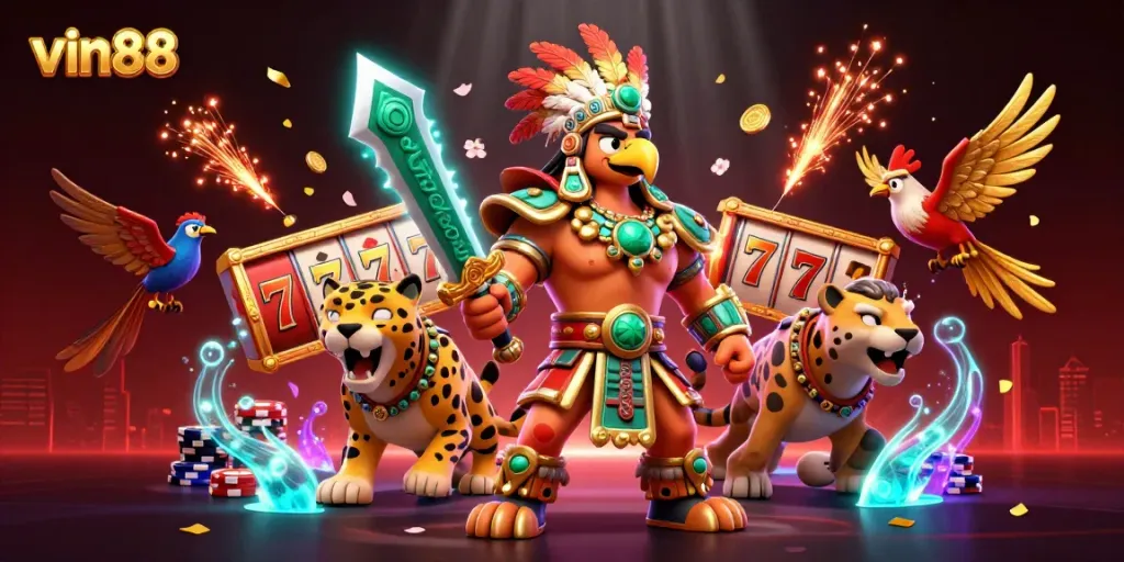Experience thrilling wins at vin88 with a vibrant scene of 3D Aztec warriors and casino elements.