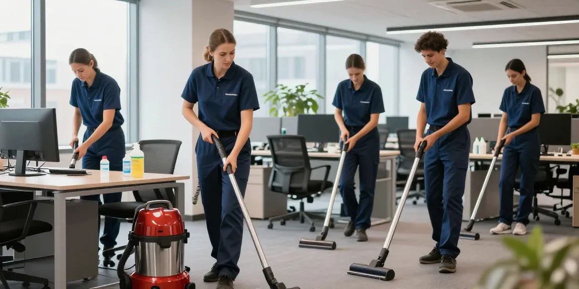 Professionelle Gebäudereinigung Düsseldorf: Reinigungsteam bei der Arbeit in einem hellen Büro.