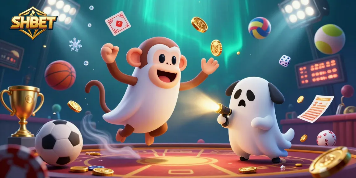 SHBET casino experience featuring a ghost-hunting puppy tracking a mischievous monkey juggling golden casino artifacts.