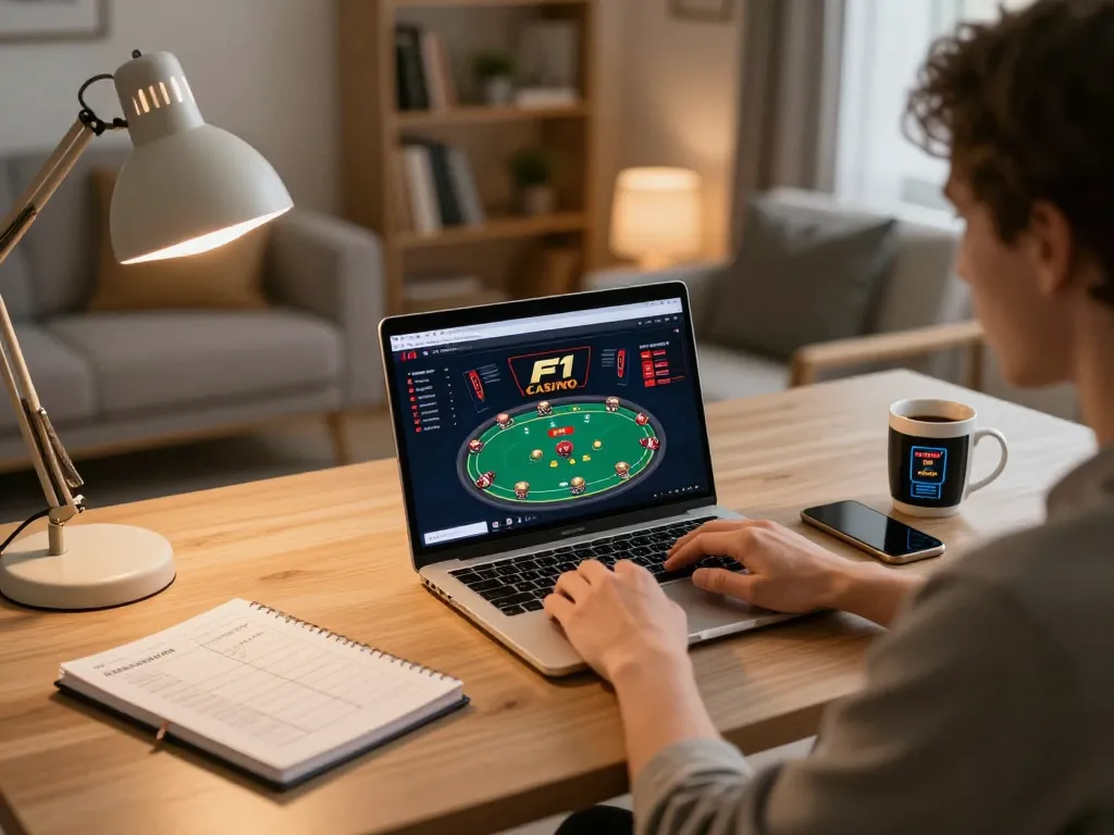 Online-Gaming bei F1casino-eu mit einem Laptop, das verantwortungsvolle Glücksspielpraktiken zeigt.