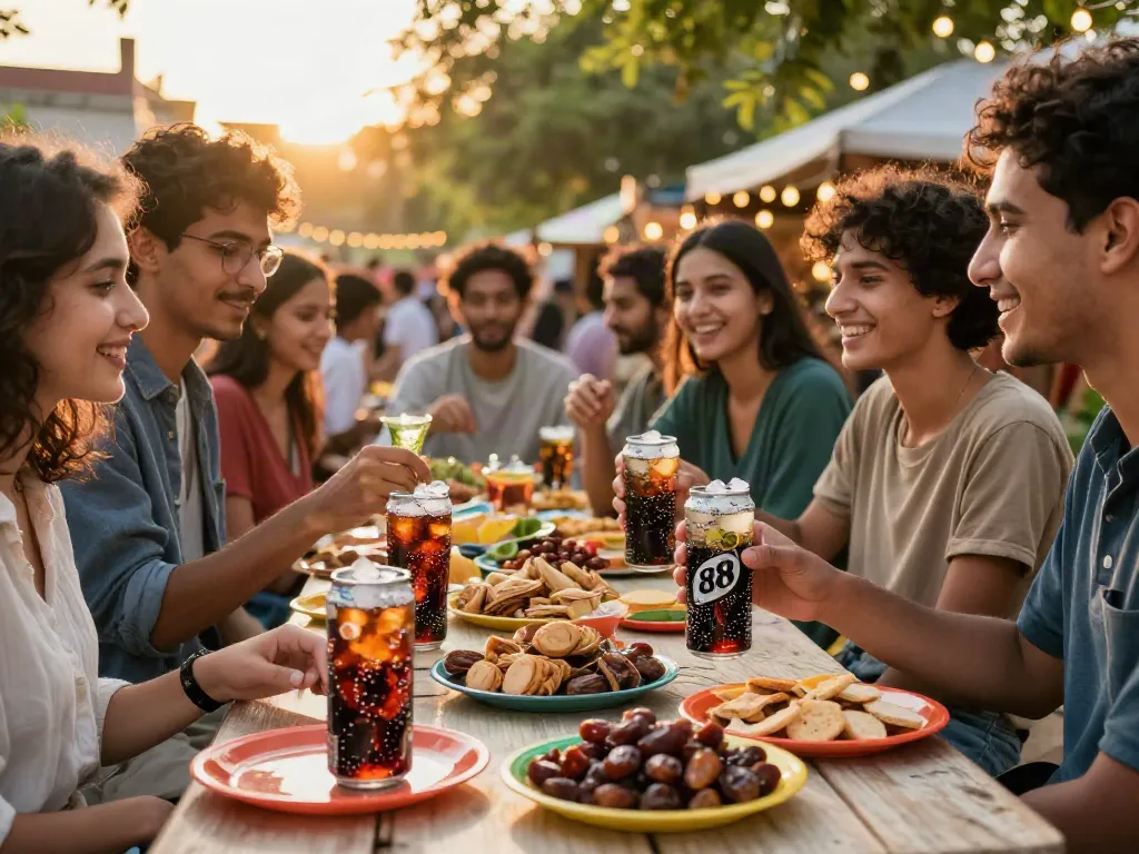 Friends enjoying ROKOK88 Soda Fresh at a Ramadan market picnic table, surrounded by snacks.