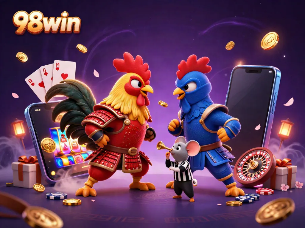 Dynamic showdown of 98win's fighting roosters illustrating the excitement of casino gaming.