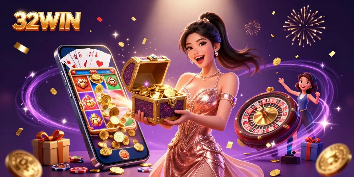 Experience thrilling wins at 32WIN with treasures overflowing in a vibrant 3D casino scene.