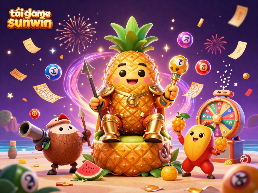 Join the excitement with tải game sunwin as the golden pineapple king reigns over a lively casino beach scene.