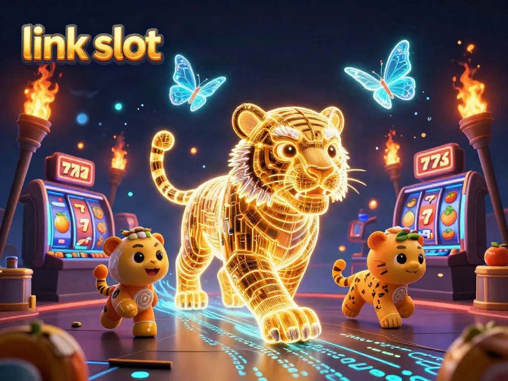 Experience the excitement of link slot games in a vibrant 3D casino landscape with a golden tiger.