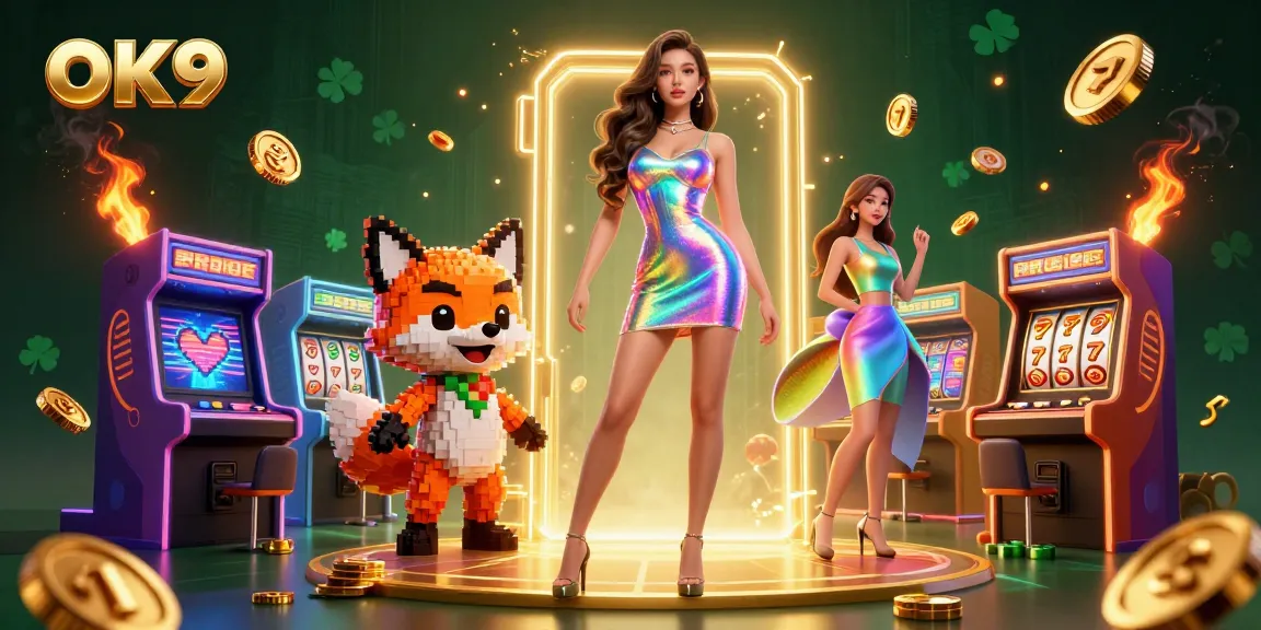 Join OK9 for thrilling casino adventures with vibrant games, pixelated characters, and dazzling visuals.