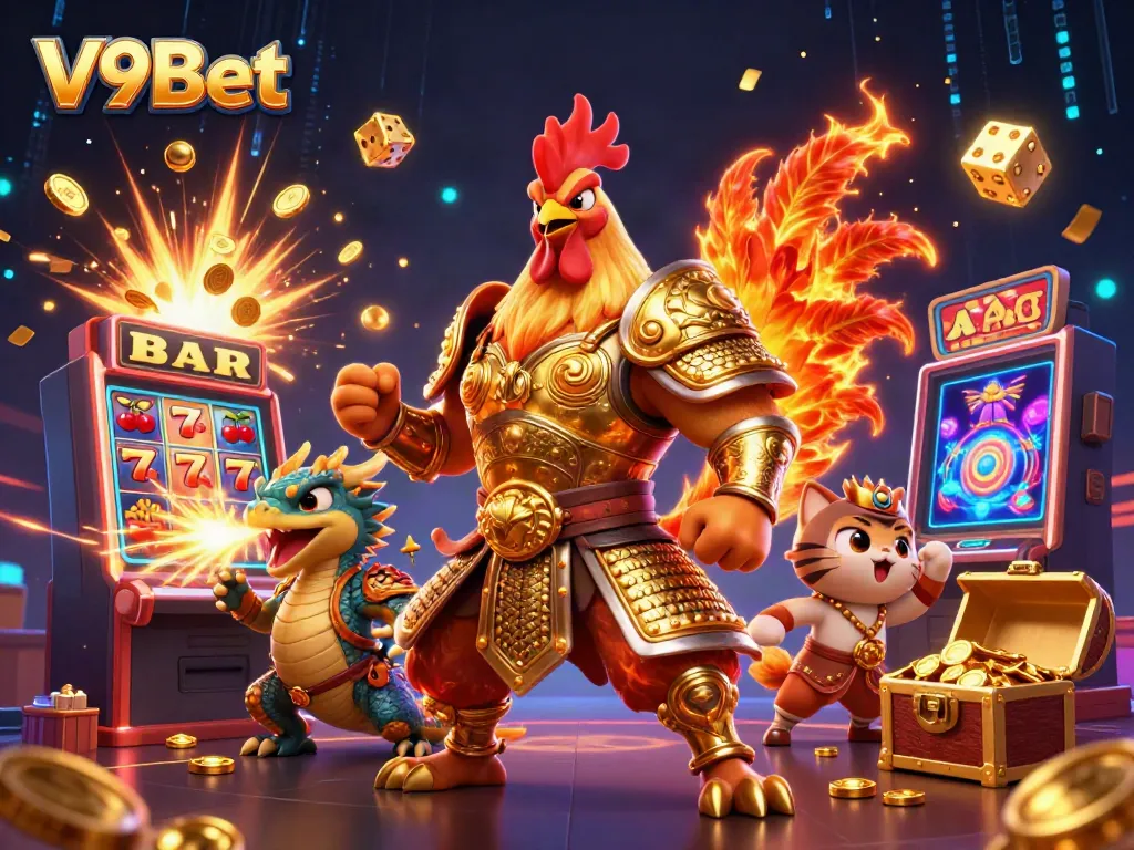 Experience excitement at V9Bet with a dynamic 3D scene showcasing gaming elements and characters.