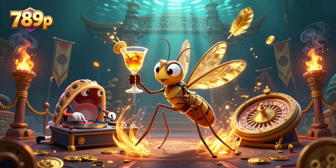 Engage with the vibrant 789p casino scene featuring a charming mascot, spinning DJ, and golden roulette wheel.