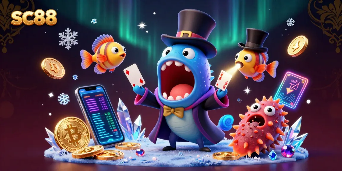 Experience thrilling card tricks with sc88's magical undersea characters in this vibrant casino-themed illustration.
