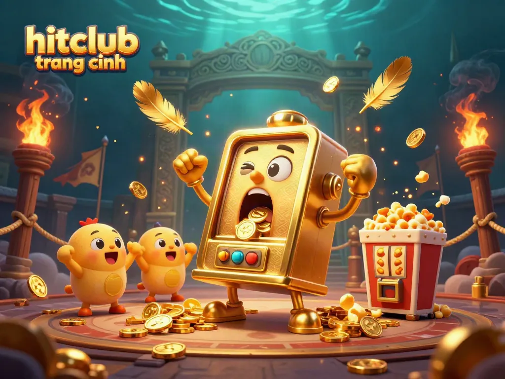 Experience hitclub trang chính with a golden slot machine celebrating a jackpot amidst a vibrant casino atmosphere.
