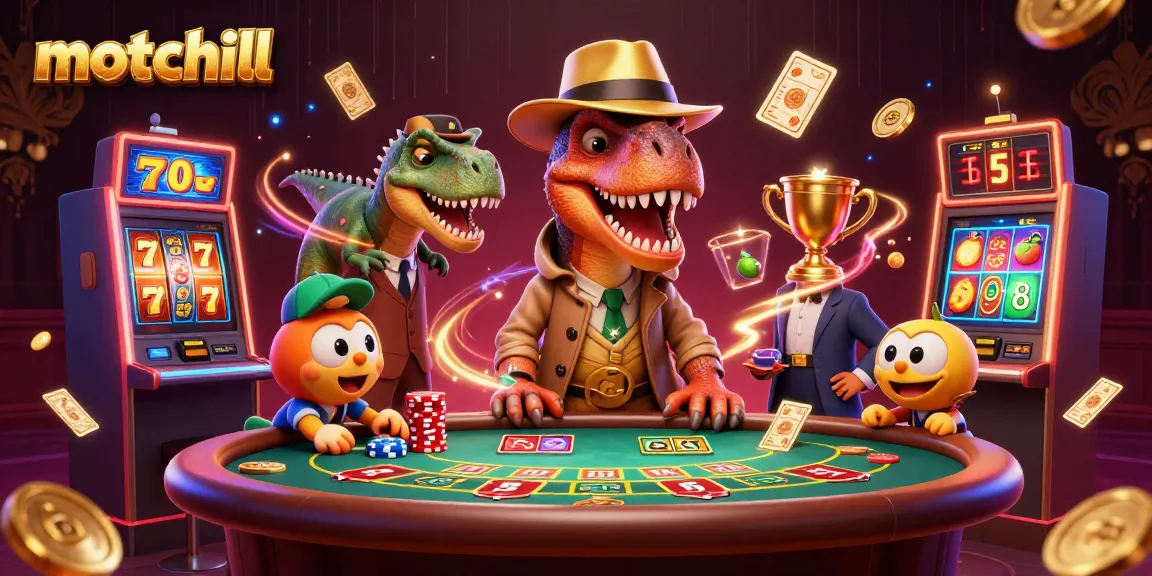 Experience the magic of Motchill with high-stakes blackjack featuring a velociraptor card counter.