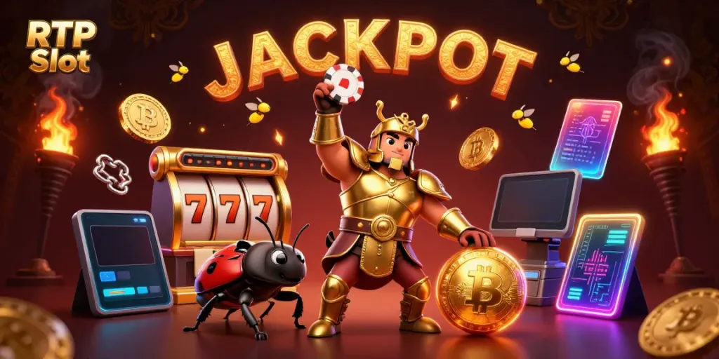 Engaging RTP Slot scene featuring a victorious beetle character amidst slot game elements and Bitcoin coins.