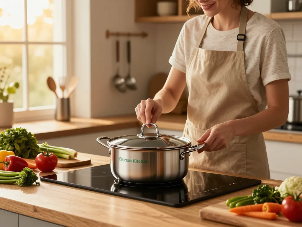 Freudiges Kochen mit dem besten Kochtopf für Induktion und frischen Zutaten in einer gemütlichen Küche.
