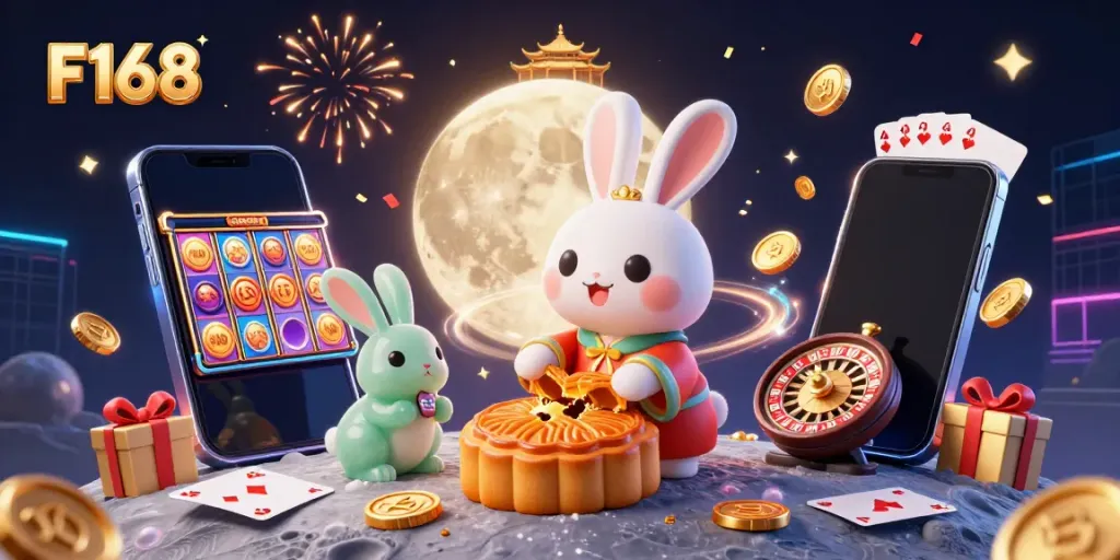 Experience F168's lottery excitement with the magical moon rabbit and vibrant casino elements.
